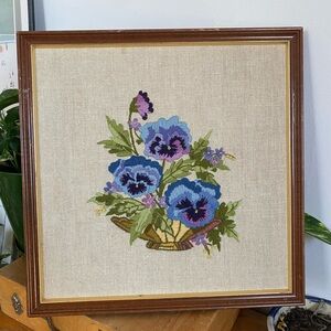 Vintage Handmade Framed Blue Pansy Crewel Embroidery Needlepoint Wall Art